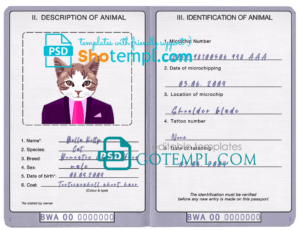 FREE editable template, Botswana cat (animal, pet) passport PSD template, fully editable