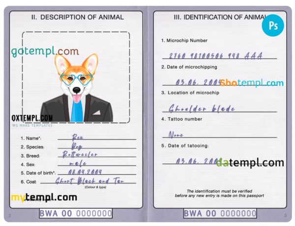 FREE editable template, Botswana dog (animal, pet) passport PSD template, fully editable