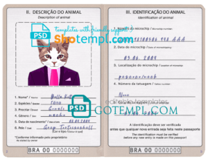 FREE editable template, Brazil cat (animal, pet) passport PSD template, completely editable