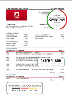 editable template, Brunei CIMB bank statement template in Excel and PDF format (autosum)