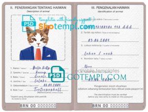 FREE editable template, Brunei cat (animal, pet) passport PSD template, completely editable