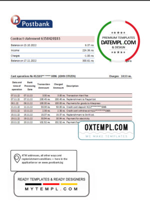 editable template, Bulgaria Postbank bank statement template in Excel and PDF format