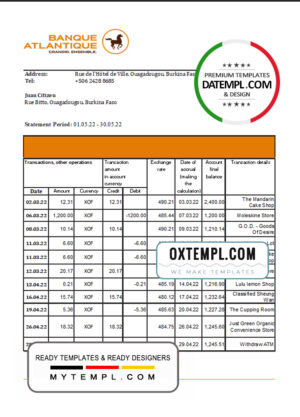 editable template, Burkina Faso Banque Atlantique bank statement Excel and PDF template (AutoSum)