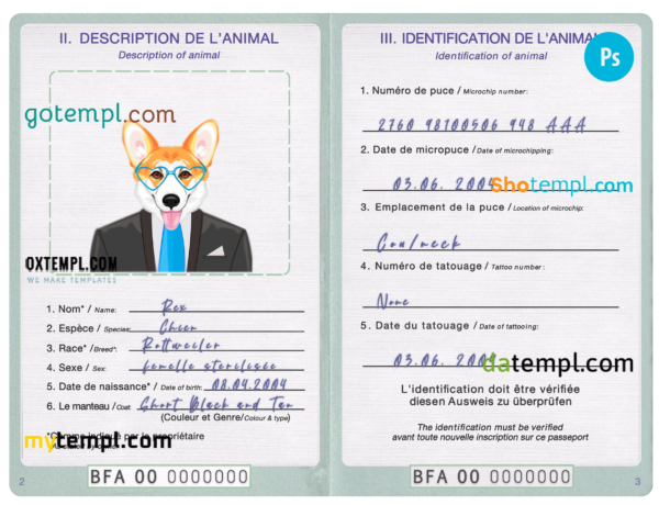 FREE editable template, Burkina Faso dog (animal, pet) passport PSD template, fully editable