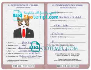 FREE editable template, Burundi cat (animal, pet) passport PSD template, fully editable