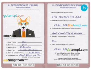 FREE editable template, Burundi dog (animal, pet) passport PSD template, completely editable