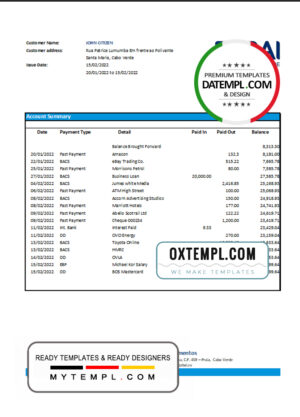 editable template, Cabo Verde Banco Africano de Investimentos bank statement Excel and PDF template (AutoSum)
