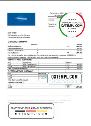 editable template, Cabo Verde Banco Inter-Atlântico bank statement Excel and PDF template (AutoSum)
