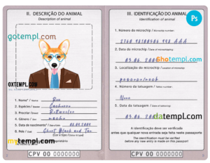 FREE editable template, Cabo Verde dog (animal, pet) passport PSD template, fully editable