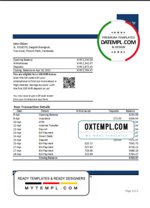 editable template, Cambodia ACLEDA bank statement Excel and PDF template (AutoSum)