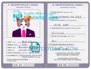 FREE editable template, Canada cat (animal, pet) passport template in PSD format, fully editable