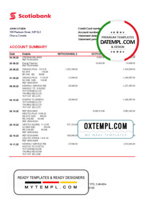 editable template, Canada Scotiabank bank statement Excel and PDF template, fully editable (AutoSum)