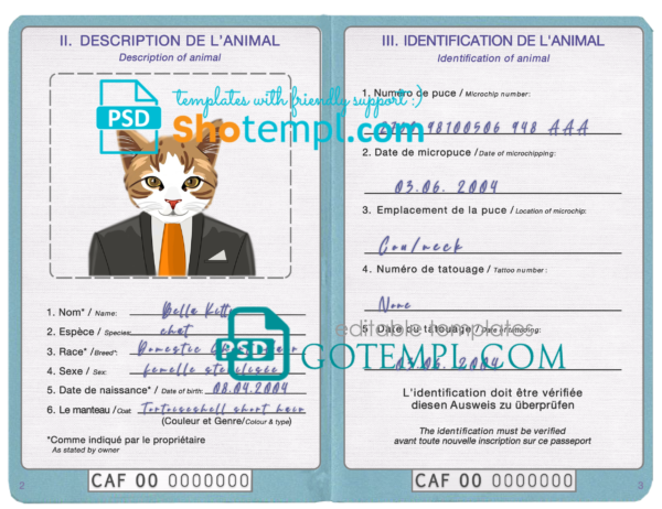 FREE editable template, Central African Republic cat (animal, pet) passport PSD template, completely editable