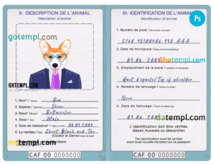 FREE editable template, Central African Republic dog (animal, pet) passport PSD template, fully editable