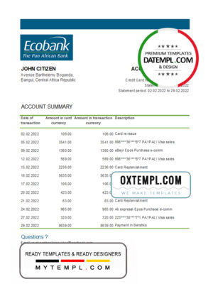 editable template, Central African Republic Ecobank bank statement Excel and PDF template (AutoSum)