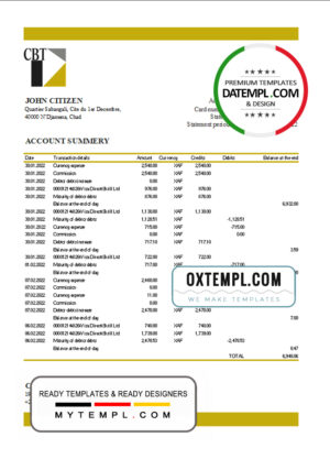 editable template, Chad Commercial Bank of Tchad bank statement Excel and PDF template, fully editable (AutoSum)