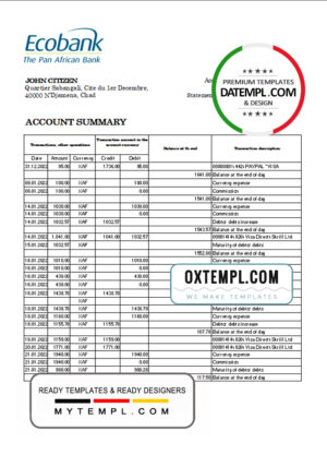 editable template, Chad Ecobank bank statement Excel and PDF template, completely editable (AutoSum)