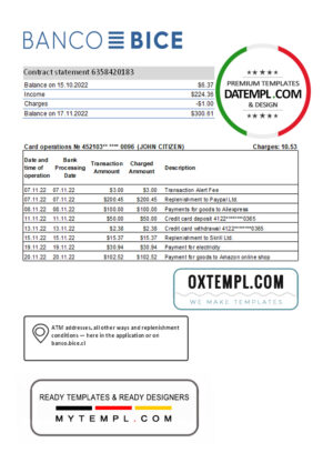 editable template, Chile Banco Bice bank statement Excel and PDF template (AutoSum)