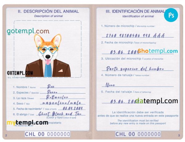 FREE editable template, Chile dog (animal, pet) passport PSD template, completely editable