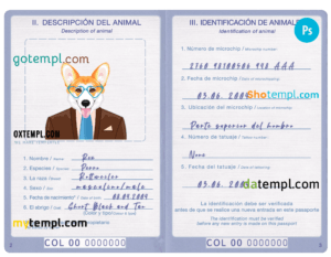 FREE editable template, Colombia dog (animal, pet) passport PSD template, fully editable