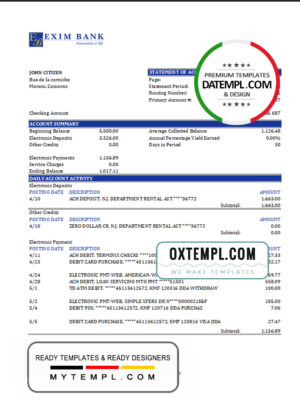 editable template, Comoros Exim bank statement Excel and PDF template, fully editable