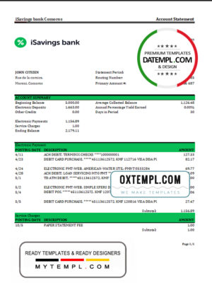 editable template, Comoros iSavings bank statement Excel and PDF template, completely editable (AutoSum)