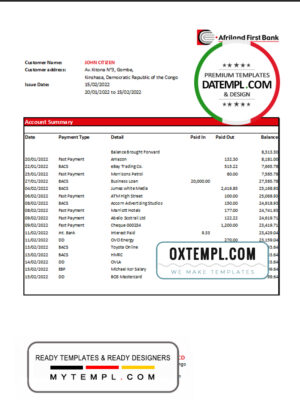 editable template, Congo Afriland First Bank statement Excel and PDF template (AutoSum)