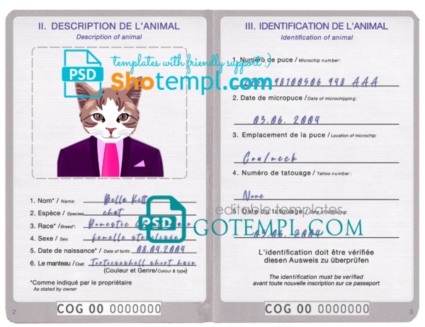 FREE editable template, Congo cat (animal, pet) passport PSD template, fully editable