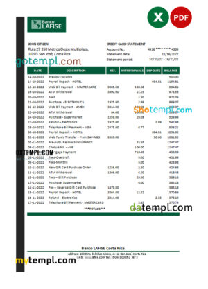 editable template, Costa Rica Banco Lafise bank statement Excel and PDF template