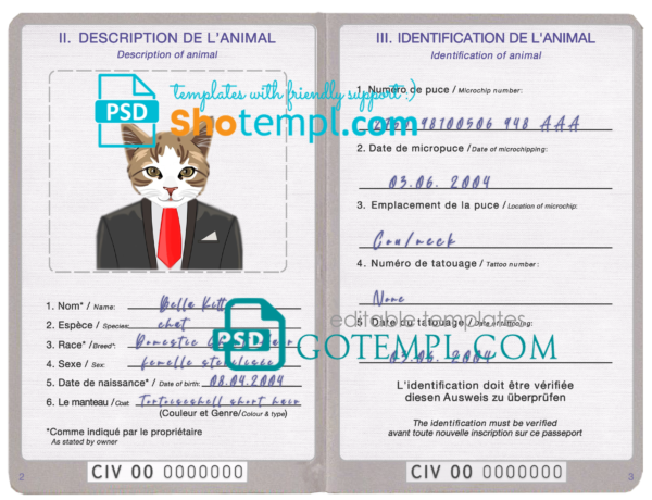 FREE editable template, Côte d'Ivoire cat (animal, pet) passport PSD template, fully editable