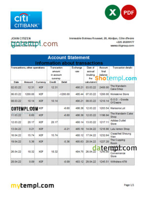 editable template, Cote d'Ivoire Citibank bank statement Excel and PDF template