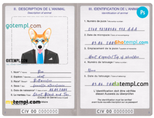 FREE editable template, Côte d&#039;Ivoire dog (animal, pet) passport PSD template, fully editable