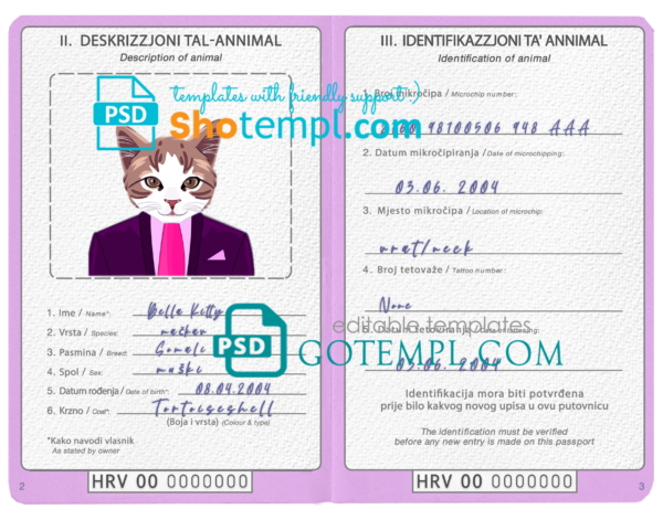 FREE editable template, Croatia cat (animal, pet) passport PSD template, fully editable