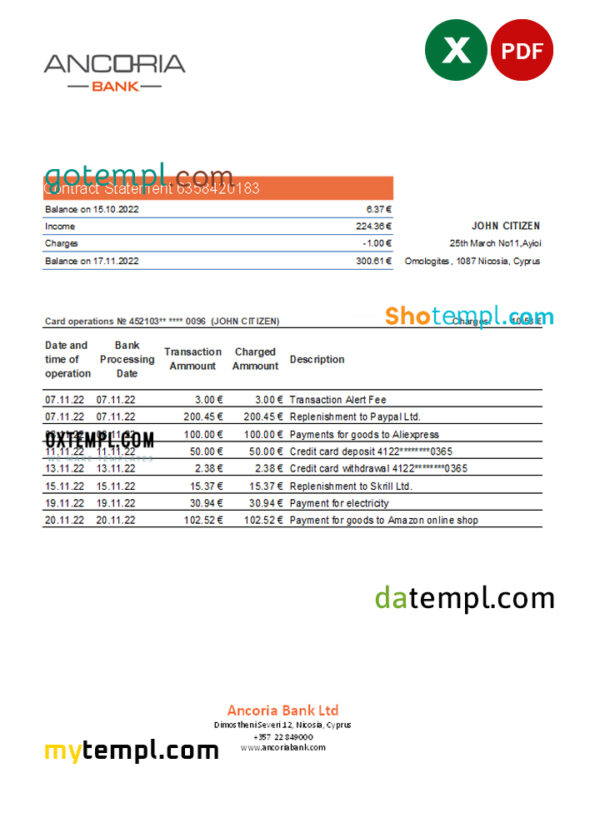 editable template, Cyprus Ancoria bank statement Excel and PDF template