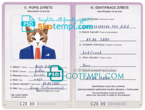 FREE editable template, Czech Republic cat (animal, pet) passport PSD template, fully editable