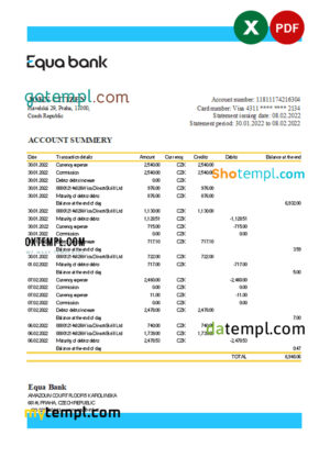 editable template, Czechia Equabank bank statement Excel and PDF template