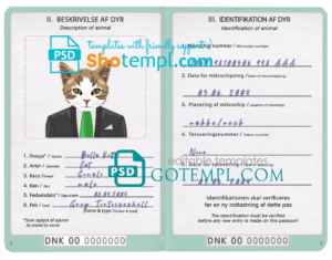 FREE editable template, Denmark cat (animal, pet) passport PSD template, completely editable