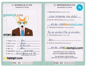 FREE editable template, Denmark dog (animal, pet) passport PSD template, fully editable