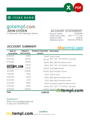 editable template, Denmark Jyske bank statement Excel and PDF template