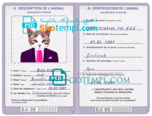 FREE editable template, Djibouti cat (animal, pet) passport PSD template, completely editable