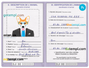 FREE editable template, Djibouti dog (animal, pet) passport PSD template, completely editable