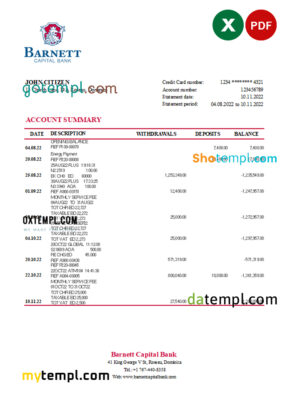 editable template, Dominica Barnett Capital Bank statement Excel and PDF template