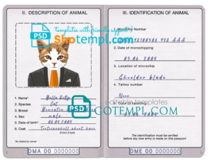 FREE editable template, Dominica cat (animal, pet) passport PSD template, completely editable