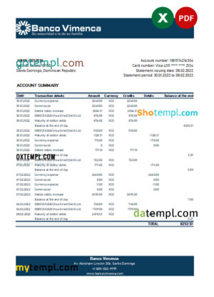 editable template, Dominican Republic Banco Vimenca bank statement Excel and PDF template