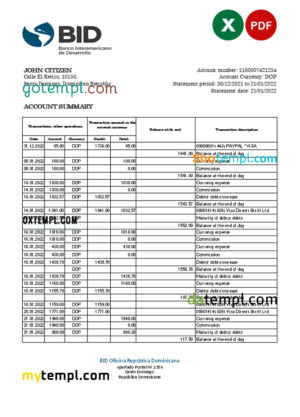 editable template, Dominican Republic Bid bank statement Excel and PDF template