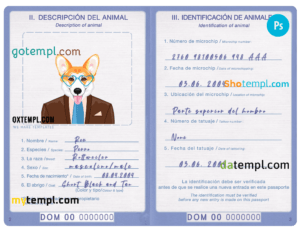 FREE editable template, Dominican Republic dog (animal, pet) passport PSD template, fully editable
