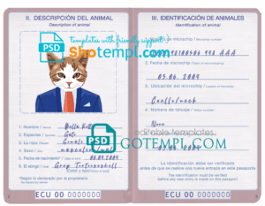 FREE editable template, Ecuador cat (animal, pet) passport PSD template, completely editable