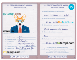 FREE editable template, Ecuador dog (animal, pet) passport PSD template, fully editable