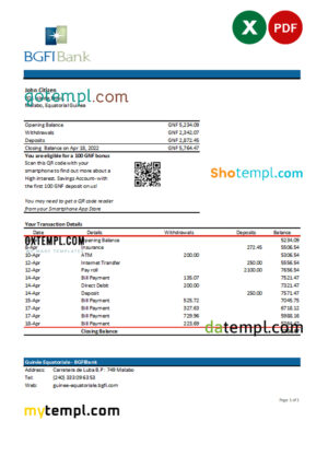 editable template, Equatorial Guinea BGFI Bank Statement Excel and PDF template