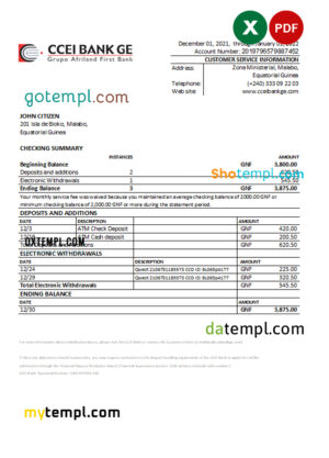 editable template, Equatorial Guinea CCEI Bank statement Excel and PDF template